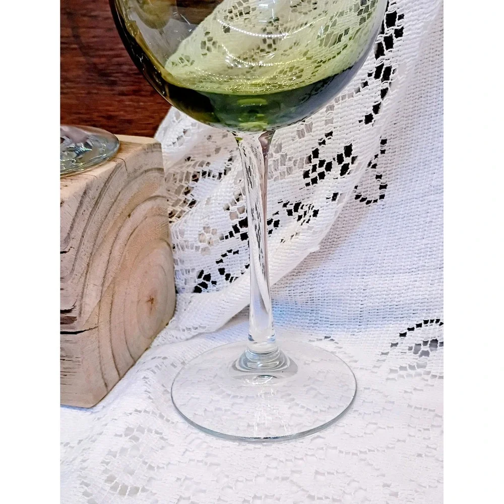 Set of 6 Olive Green Tinted Wine Glasses Long Stem Clear Base 9 Inch 2.75 Rim